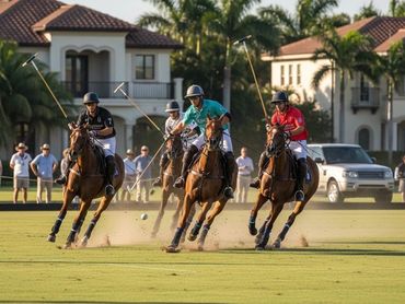Four polo players riding horses, chasing the ball on a green field.