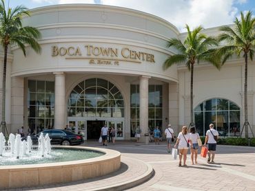 Entrance of Boca Town Center mall with palm trees and a fountain under a sunny sky.
