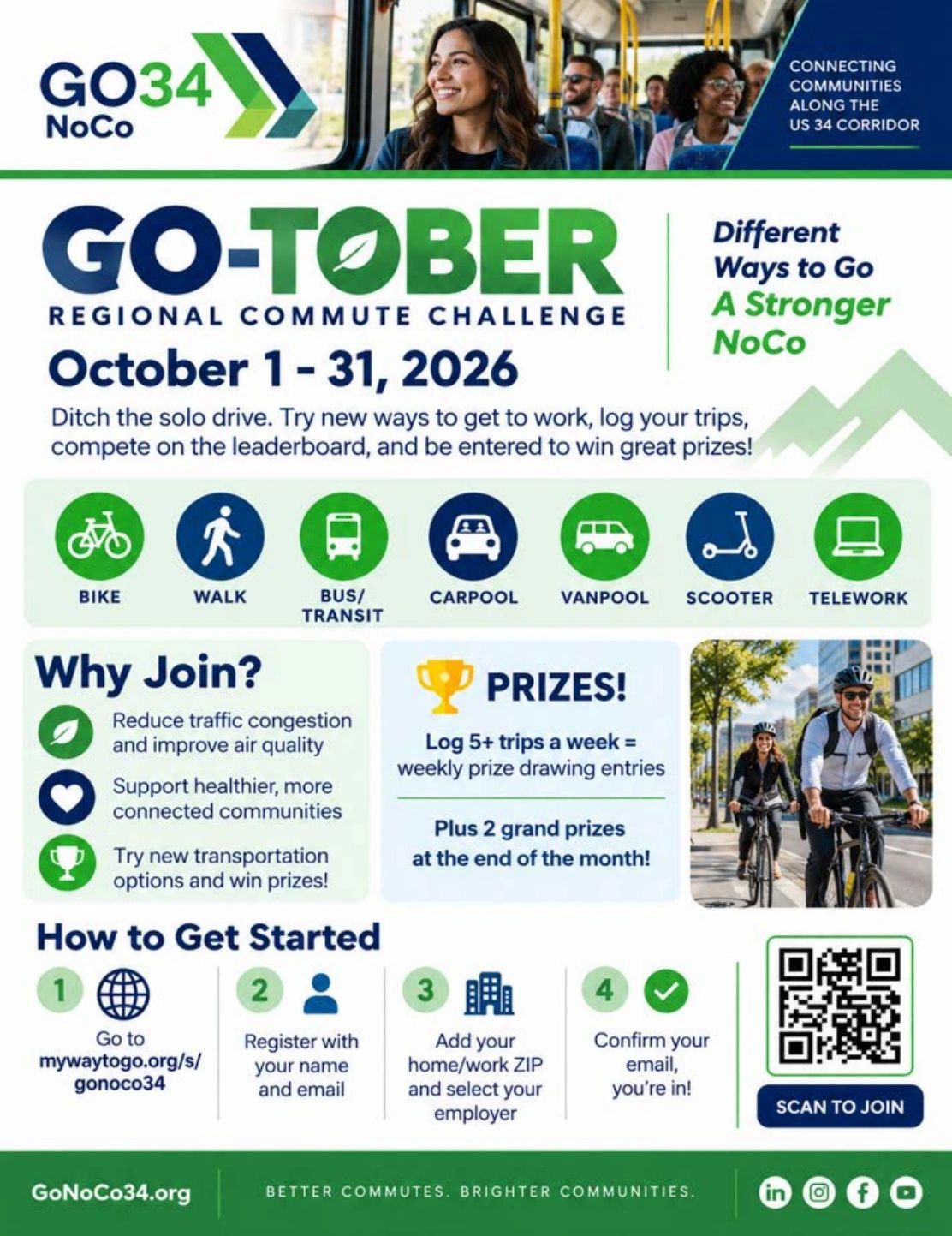 Go-Tober Regional Commute Challenge flyer, October 1-31, 2026. Register at mywaytogo.org/s/gonoco34