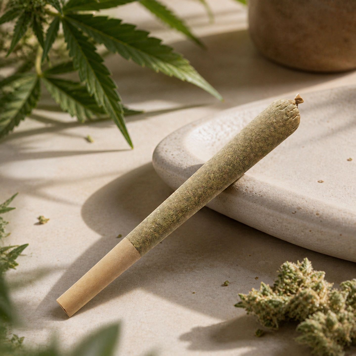 A pre-rolled cannabis joint on a stone surface with cannabis leaves and buds nearby.