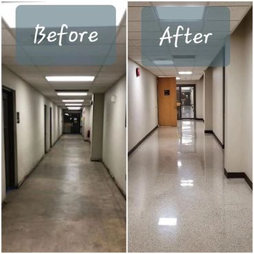 Before and after hallway floor cleaning and polishing.