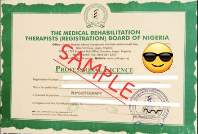A sample of an mrtb licence issued by the medical rehabilitation therapists board of Nigeria