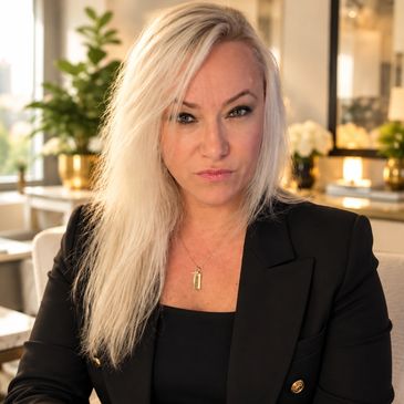 Blonde woman with serious expression in a black blazer.