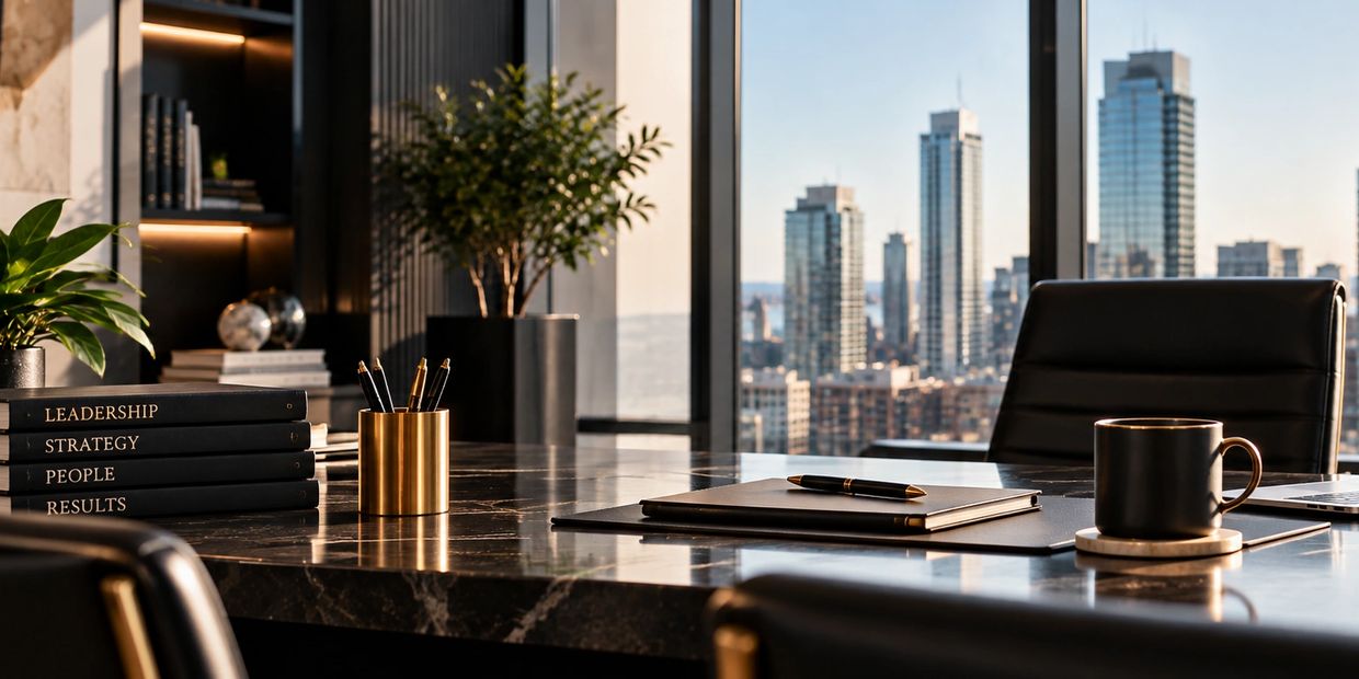 Modern office desk with city skyline view.