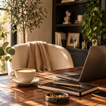 Cozy workspace with coffee and laptop.