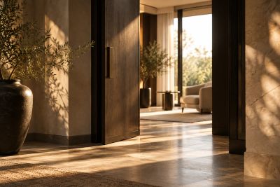 Sunlight filters through an open door into a warmly lit room.
