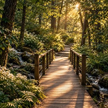 Sunlit wooden bridge in a lush forest.