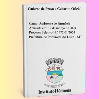 Cover of an exam booklet for Pharmacy Assistant in Primavera do Leste, MT.