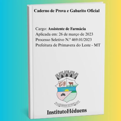 Cover of an official exam booklet for Pharmacy Assistant in Primavera do Leste, MT, Brazil.