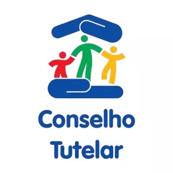 Logo do Conselho Tutelar com figuras coloridas e mãos azuis.