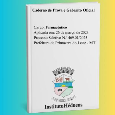 Caderno de prova para farmacêutico da Prefeitura de Primavera do Leste.