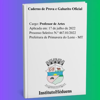 Cover of an official exam booklet for an Arts Teacher position in Primavera do Leste, Brazil.