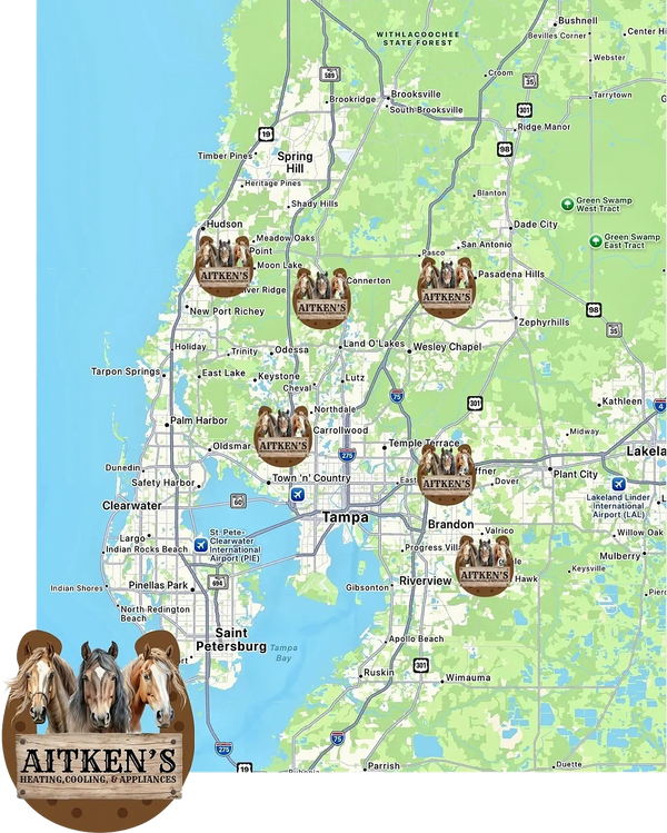 Map showing Aitken's Heating, Cooling, & Appliances locations around Tampa, Florida.