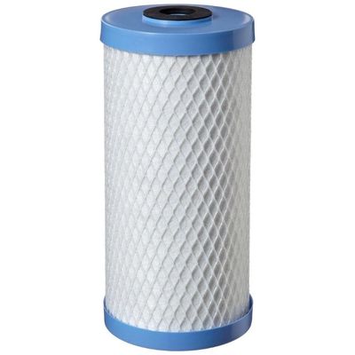 A carbon block filter image, cylindrical and white with blue ends.