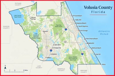 Map of Volusia County, Florida, showing major towns and natural parks.
