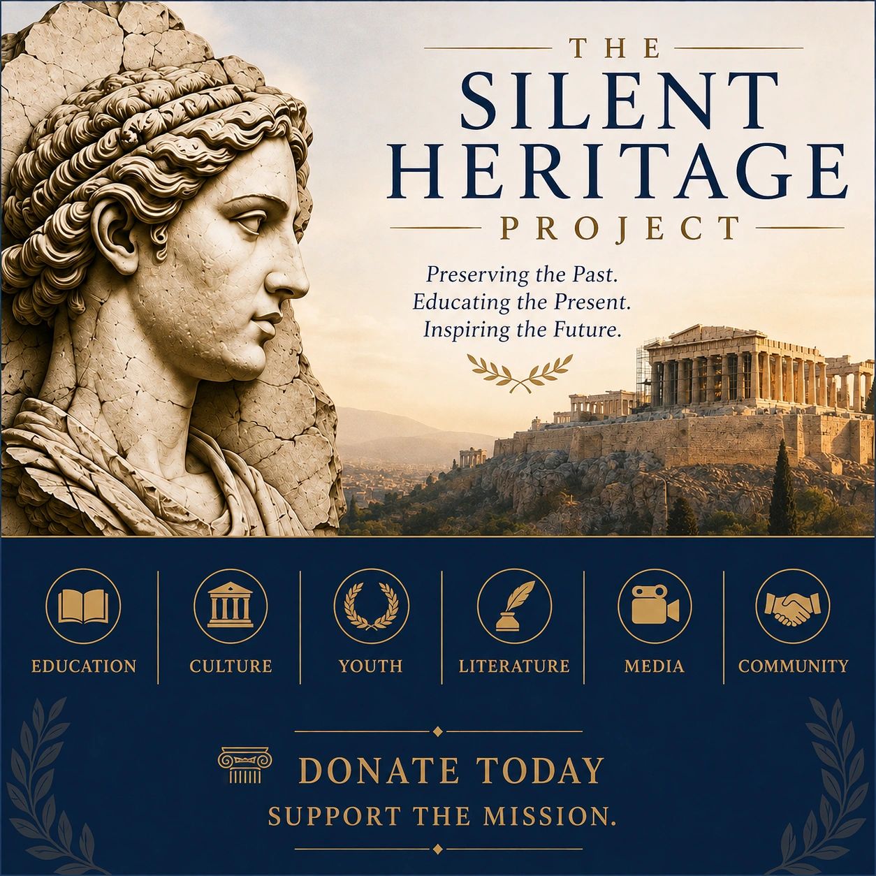 The Silent Heritage Project promoting preservation and education with ancient Greek themes.