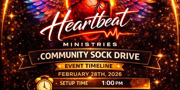 Heartbeat Ministries Community Sock Drive event details with vibrant heart and wings design.
