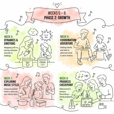 Illustrated guide for weeks 5-8 music growth phase with family activities and progress milestones.