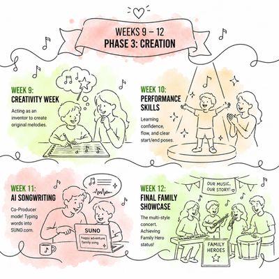 Illustrated guide for weeks 9-12 music creation phases with family activities.