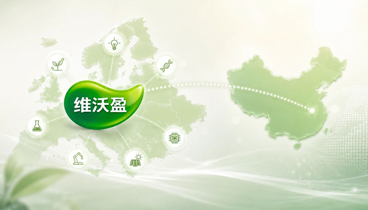 Green-themed map linking China to Europe with scientific icons.