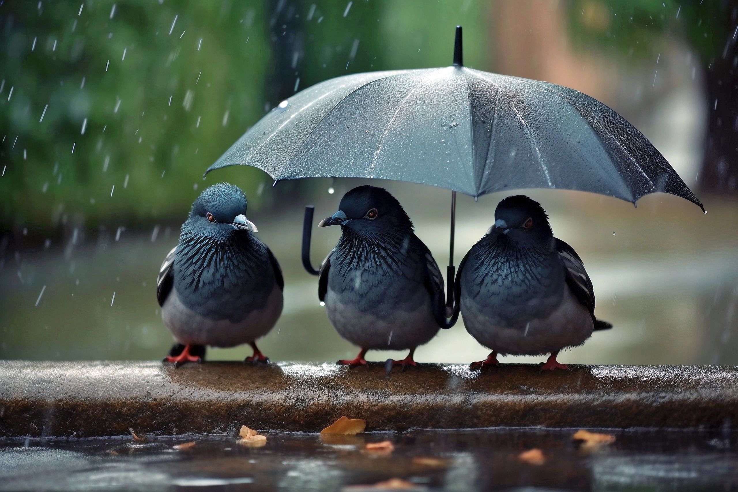 Trois pigeons sous la pluie s'abritant sous un mini parapluie noir.