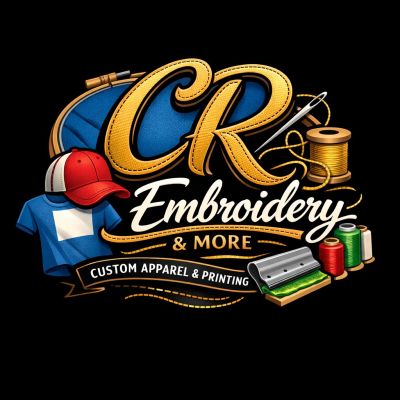 Logo for CR Embroidery & More, specializing in custom apparel and printing.