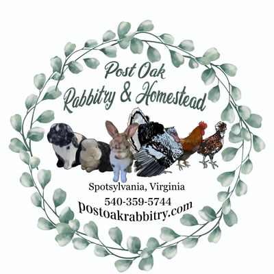 Logo for Post Oak Rabbitry & Homestead with animals and contact info.