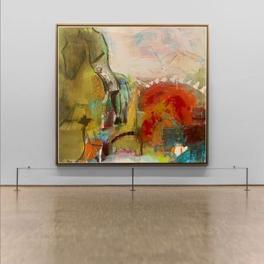 Abstract painting with vibrant colors displayed in a gallery.