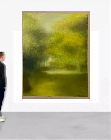 A large, impressionistic painting of a green forest scene on display in a gallery.