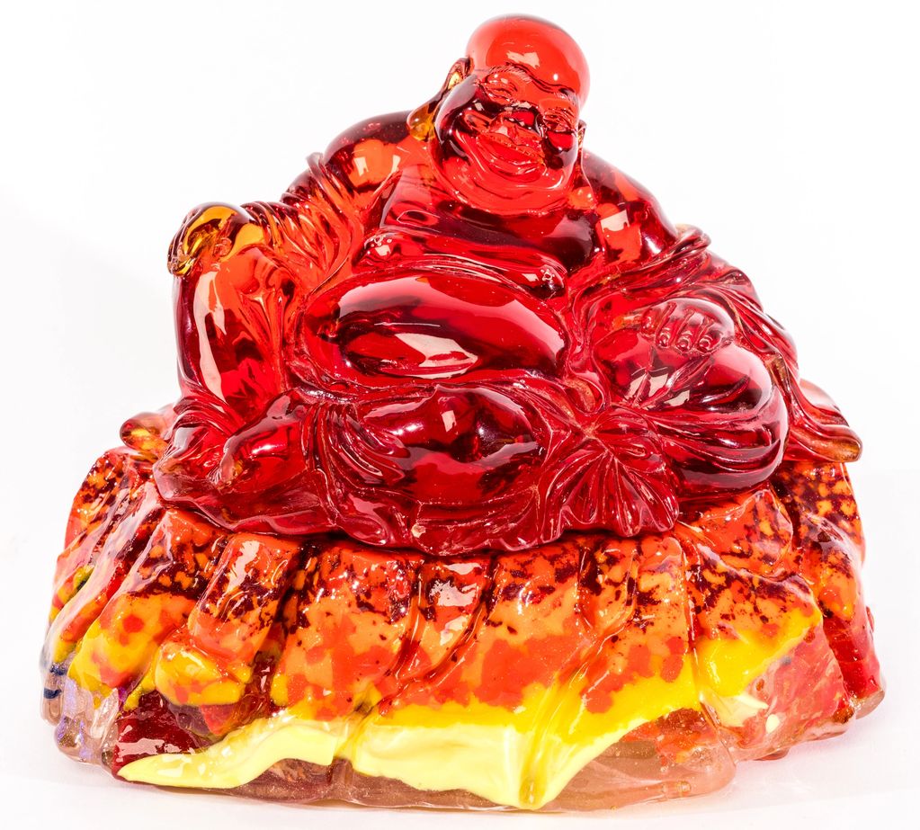 Red amber Buddha on cast glass base 
mixed media sculpture