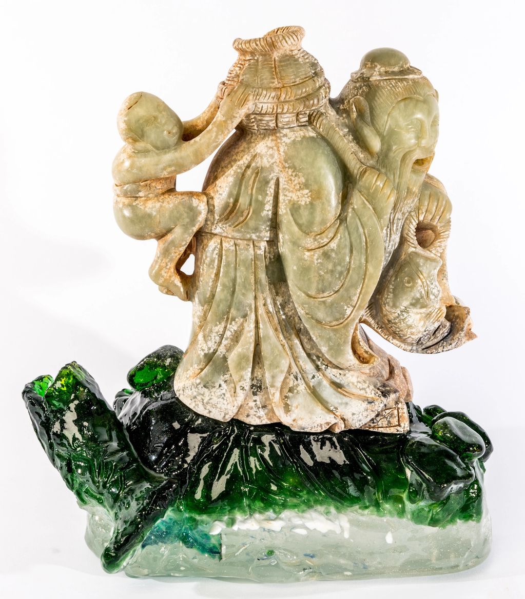 Old Chinese stone carving on a cast glass base with fish and Basket  
Mixed media stone and cast gla