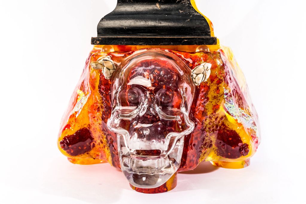 detail of above 
Mixed Media cast glass and Ivory crucifix from the 17th C. 24 " tall, glass skull