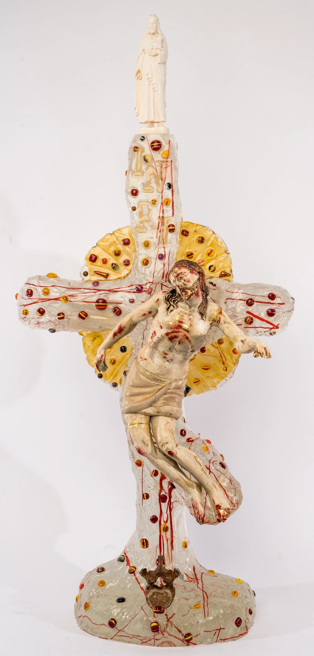 300 Year old wood Spanish Jesus on a Cast Glass Crucifix with bone and 19th Century Ivory Jesus topp