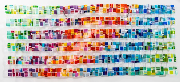 fine art wall sculpture made from glass.  Fused glass panel 
Bright colours, Retro mesh 
wall art
wa
