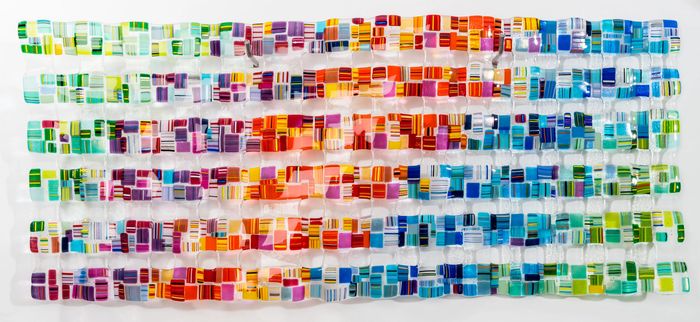 fine art wall sculpture made from glass. Fused glass panel
Bright colours, Retro mesh
wall art
wa