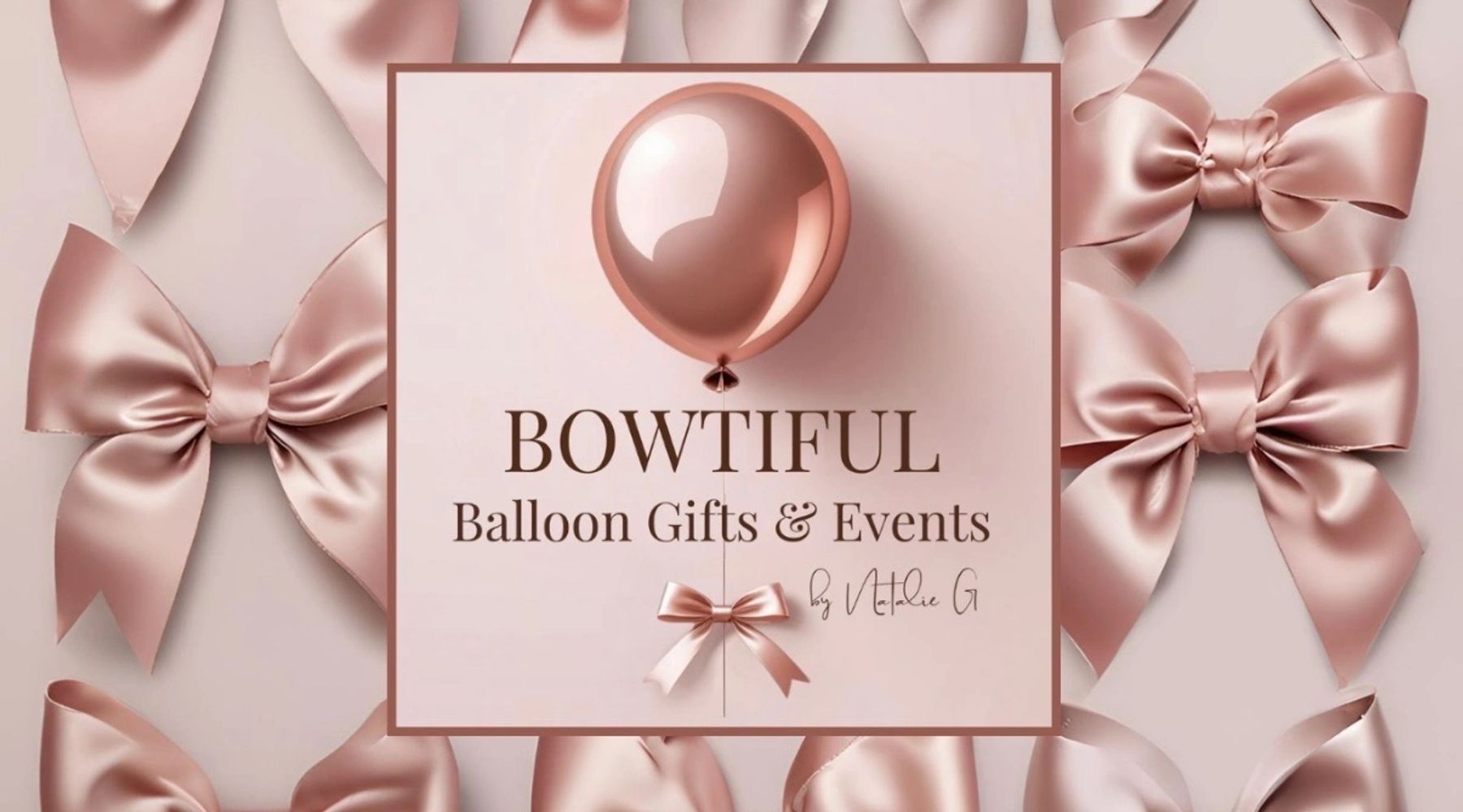 Elegant rose gold bows and balloon logo for a gift and event business.