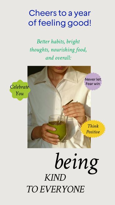 A person in white holding a green smoothie with positive affirmations around.