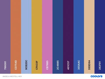 Color palette with hex codes by Angela Westell featuring various shades of purple, blue, orange, and beige.