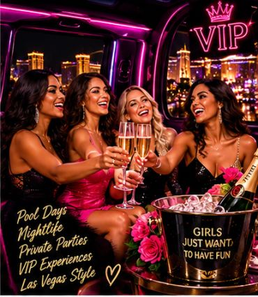 Four women toasting champagne in a VIP setting with vibrant nightlife backdrop.