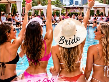 Women celebrating by a pool with drinks, bride wearing a hat.