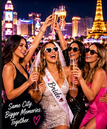 Group toasts at a bridal celebration in a vibrant city night setting.