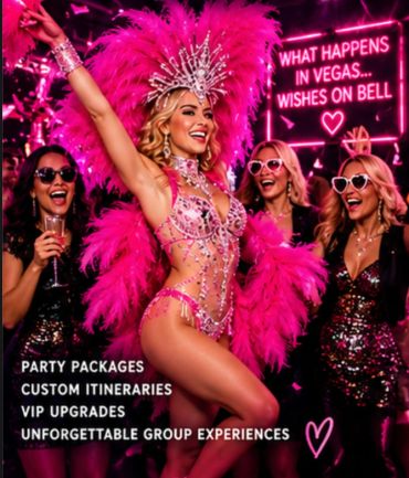 Women in glamorous party outfits enjoying Vegas nightlife.