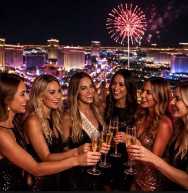 Group of women toasting at night with fireworks.