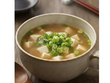 Steaming bowl of miso soup with tofu and green onions.