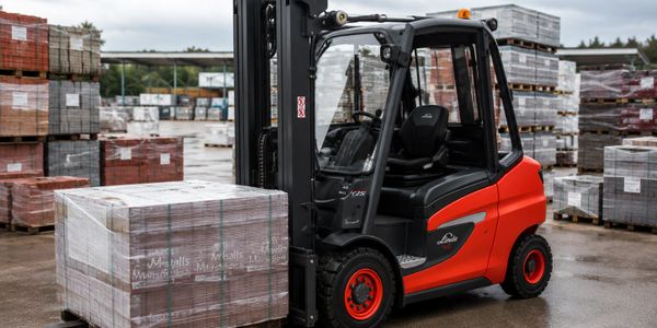 A forklift moving a wrapped pallet in an outdoor storage area.