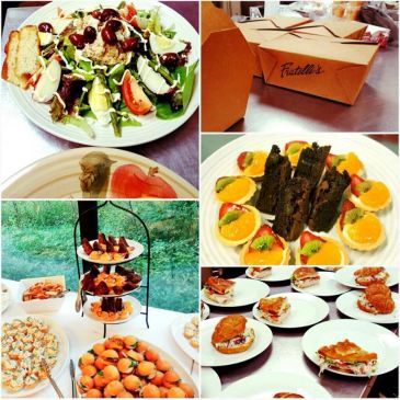 Collage of various dishes and food packaging at an event.