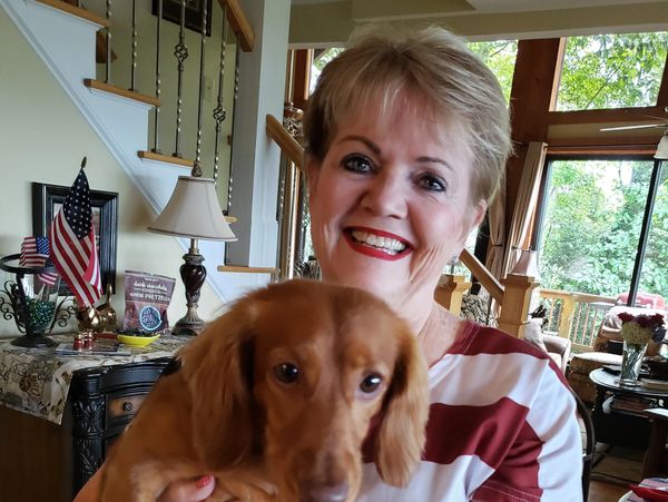 Smiling Woman Holding A Small Brown Dog In A Cozy Living Room With American Flags And Natural Light