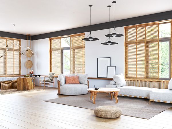 Bright, modern living room with unique furniture.
