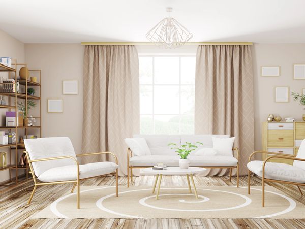 Cozy living room with white and gold furniture.