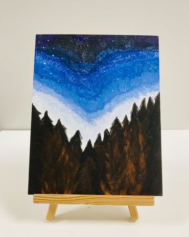 A painting of a forest at night.